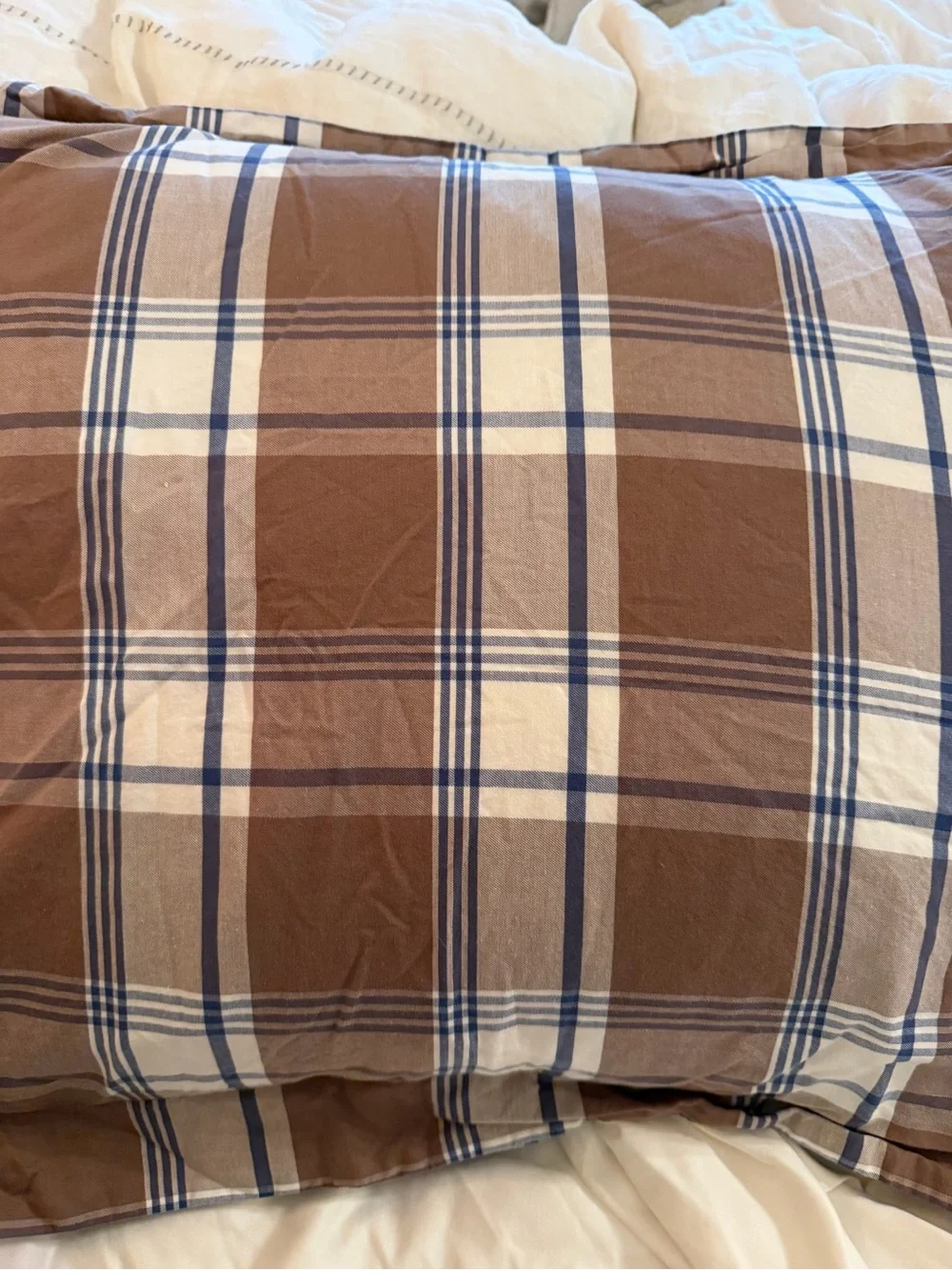 Pottery Barn Kids Brown, White and Blue Plaid Pillow Sham